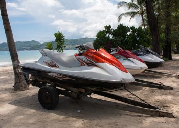 PHUKET THAILAND - JULY 252016 : Jet Ski Boat moored on the beach for the discerning traveler at Patong beach 252016 at Patong beach Phuket Thailand